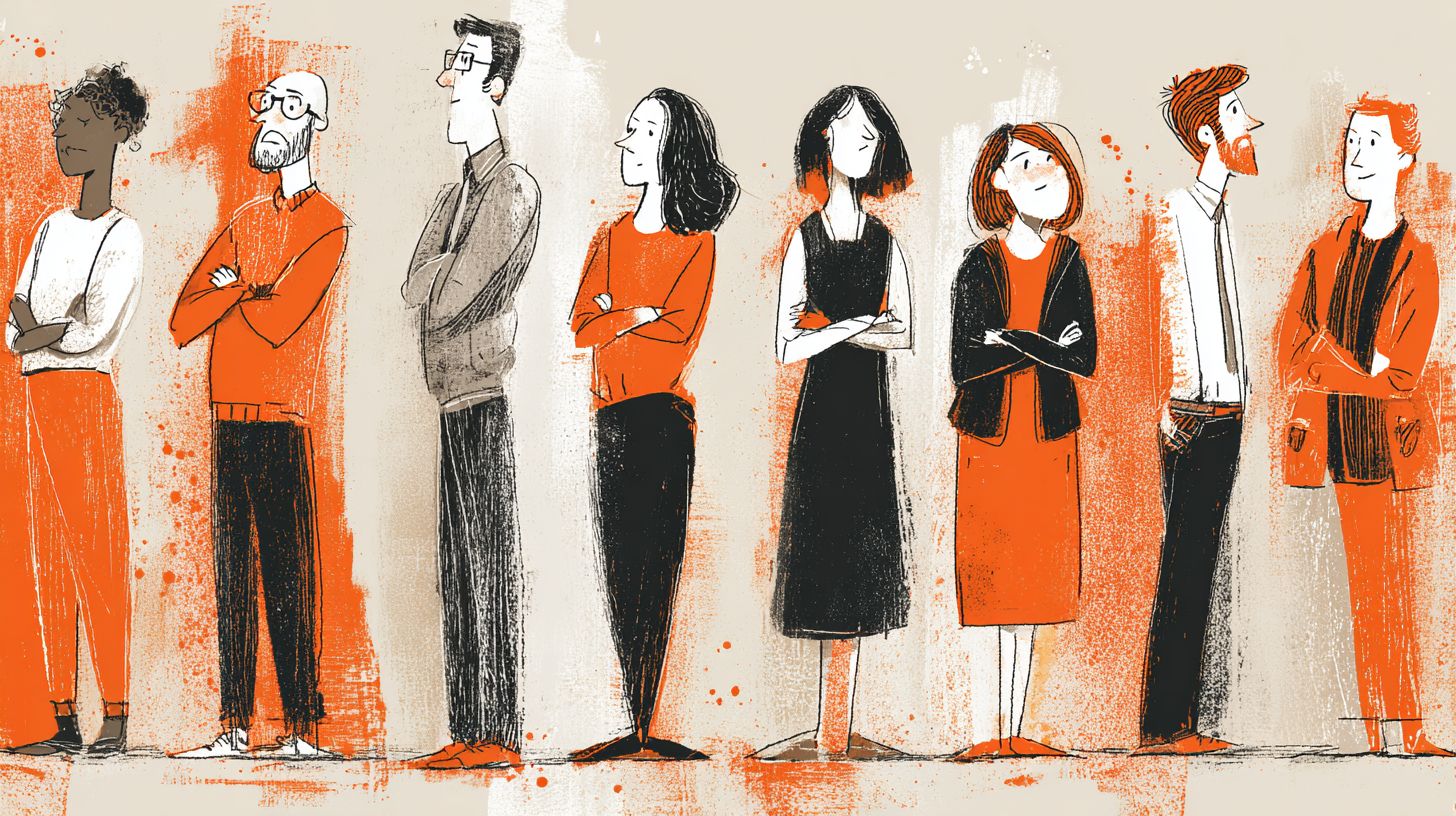 Illustration of a diverse line of people standing apart with folded arms, suggesting distance, uncertainty, and differing perspectives within a workplace.