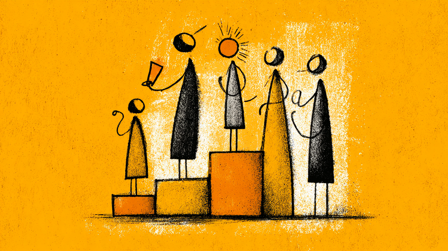 Illustration of figures standing on uneven blocks, with one person elevated and speaking, suggesting hierarchy, pressure, and unequal load within a workplace.
