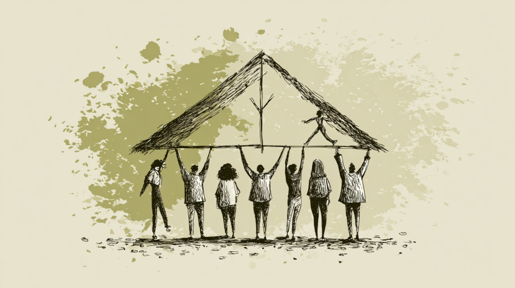 AI Adoption in the Workplace in 2026: When Technology Outruns Change Capability 1 Current image: Illustration of a group of people holding up the roof of a house while one person walks along the top, suggesting shared load, dependence, and the strain placed on teams during change.