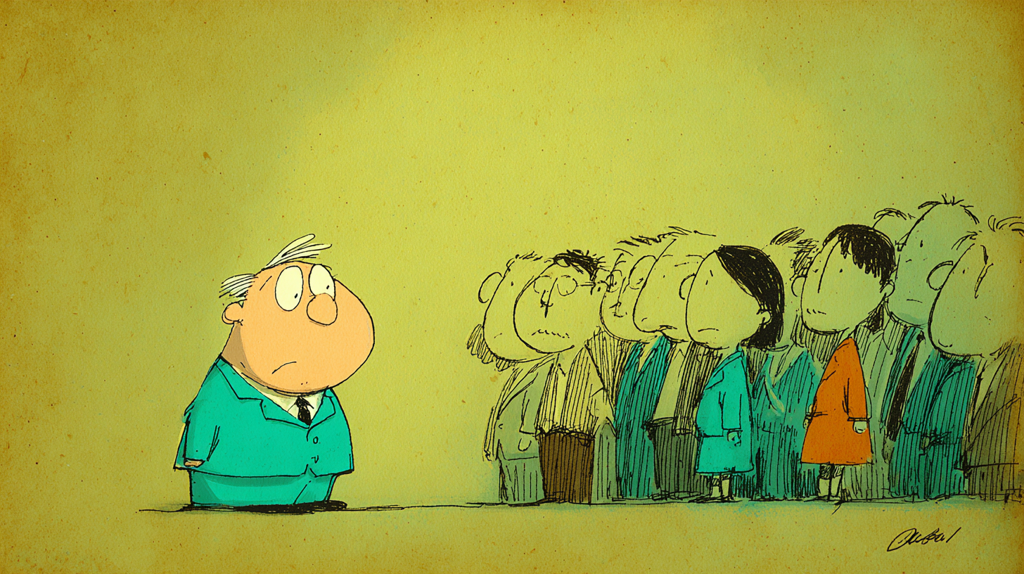 Illustration of a single person facing a closely packed group, highlighting isolation, uncertainty, and the social risk of speaking up within a team.