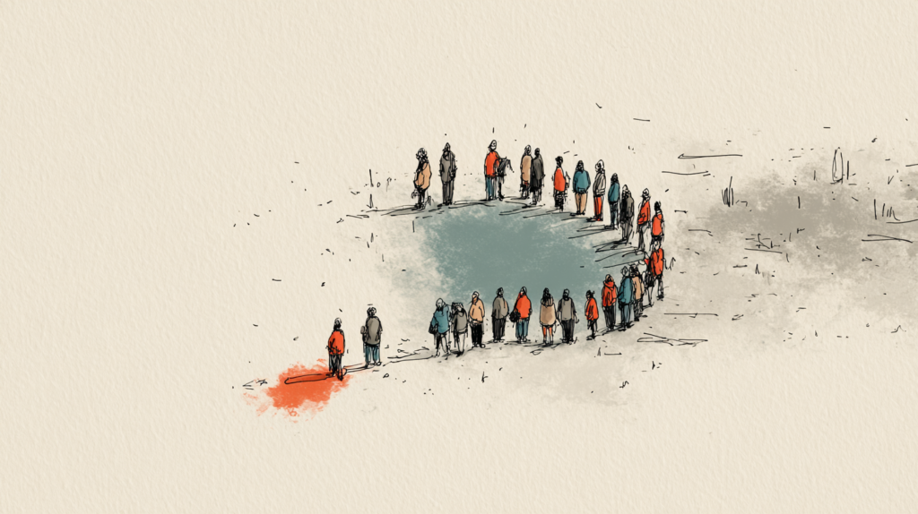Leadership and Performance in 2026: Five Trends, One Message 1 Current image: Illustration of a group of people standing in a loose circle with one person outside the group, suggesting connection, boundaries, and how leadership shapes who is included.