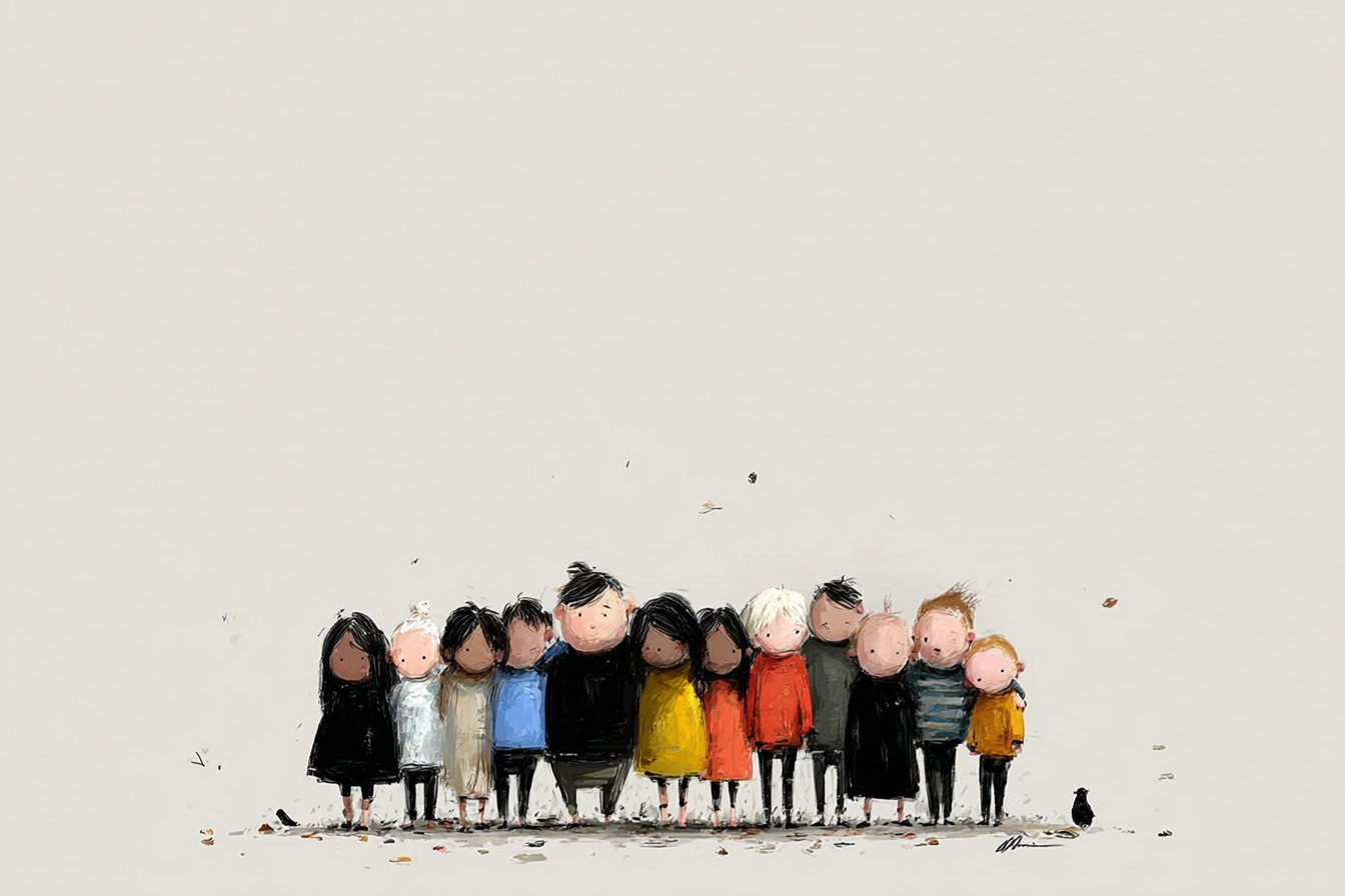 A minimalist illustration of a diverse group of people standing close together with their arms around each other, rendered in a painterly style against a plain background.