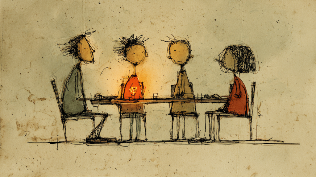 Purpose at Work: The Question Nobody Asks 1 Four simple hand-drawn figures sit around a table; one of them glows with a warm light from within while the others are drawn in muted tones.